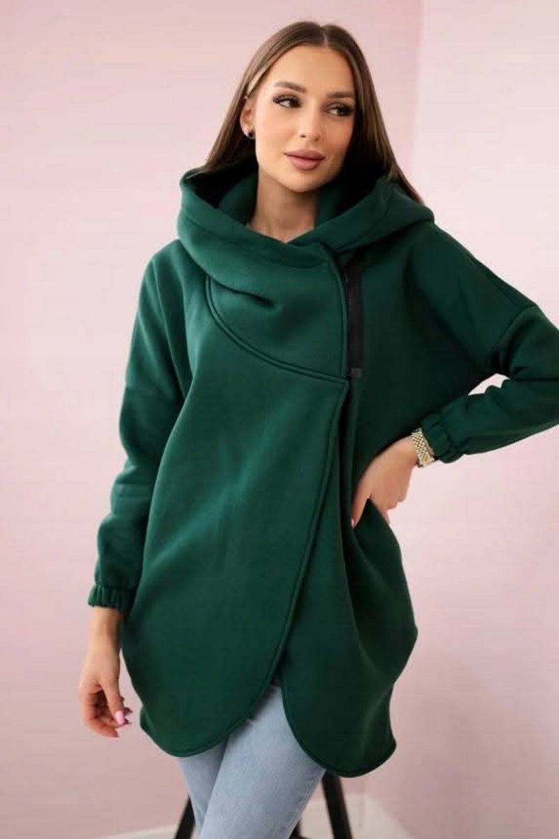 ModeGeist | Asymmetrische Reißverschluss Kapuzenfleece Sweatjacke