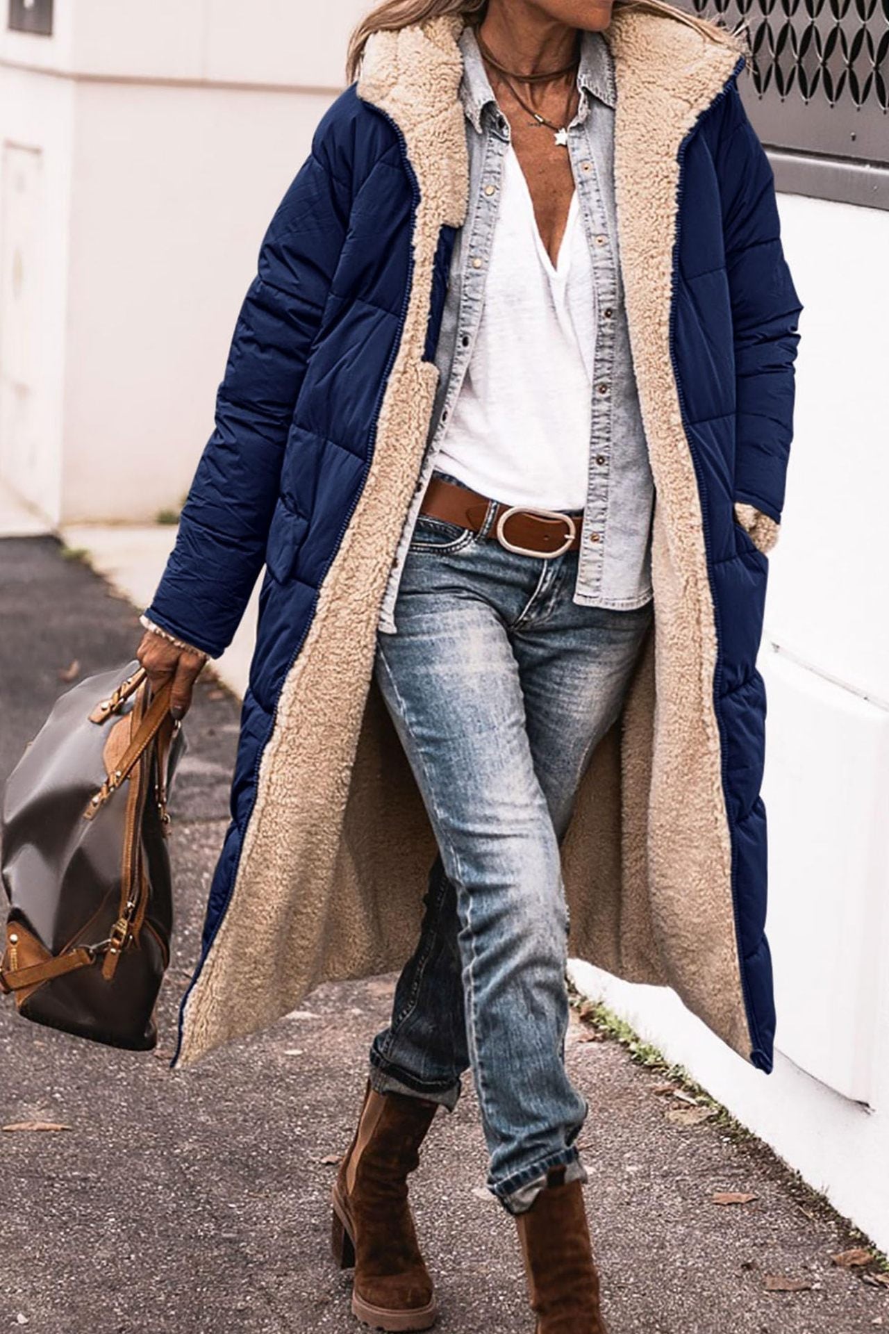 Damen gefütterte Langjacke mit Teddyfell-Innenfutter ModeGeist