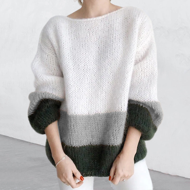 Damen Grobstrickpullover mit modernem Blockmuster und lässigem Schnitt ModeGeist