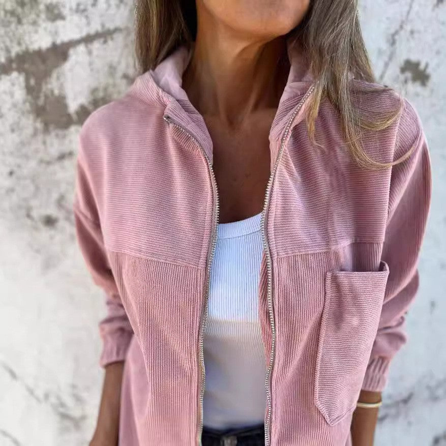 Damen lässige Cordjacke mit praktischen Taschen und elegantem Reißverschluss ModeGeist