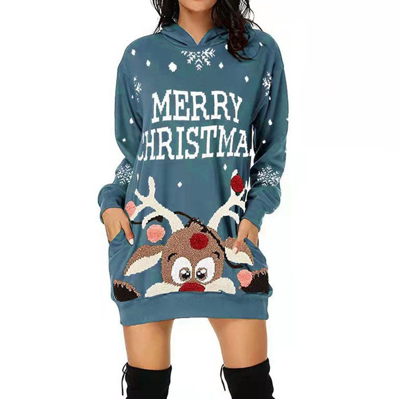 Damen Kapuzenkleid mit niedlichem Rentiermotiv und weihnachtlichem Schriftzug ModeGeist
