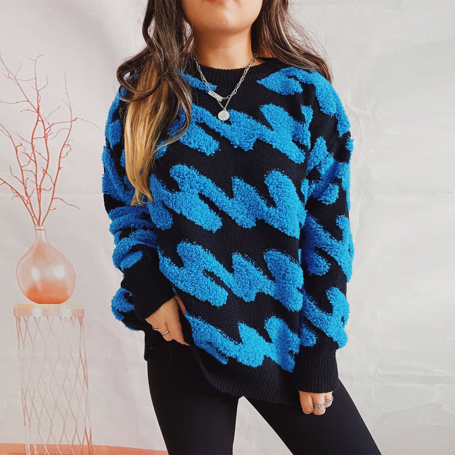 Damen grob strukturiertes Sweatshirt mit kontrastierenden Mustern ModeGeist