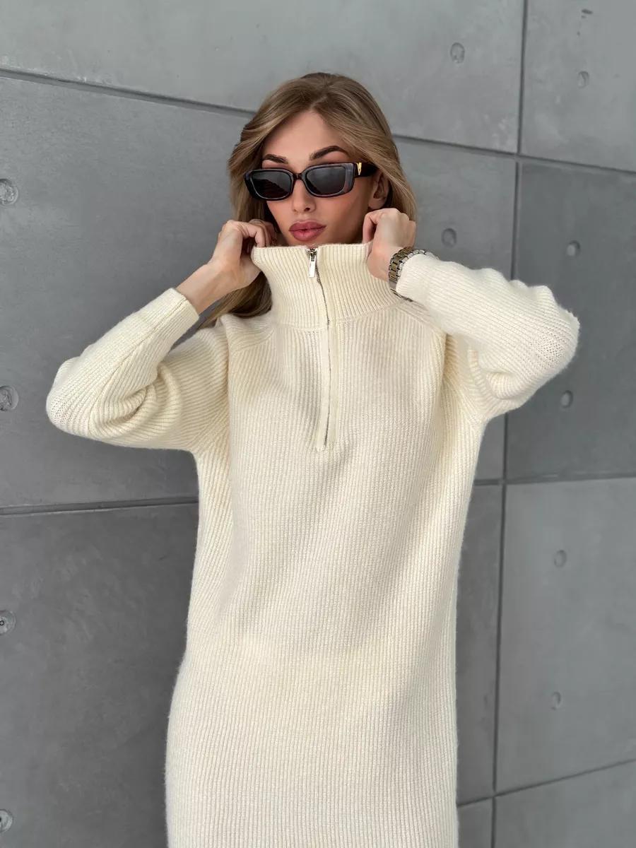 Damen Strickkleid mit Stehkragen und durchgehendem Reißverschluss ModeGeist