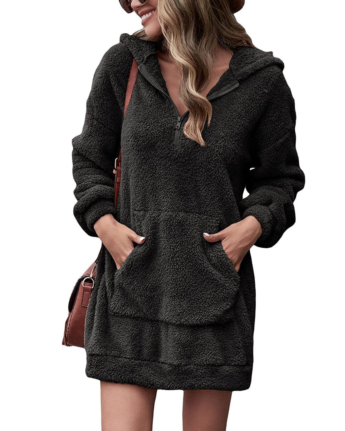 Damen Fleece-Kapuzenkleid mit Taschen und Reißverschluss ModeGeist