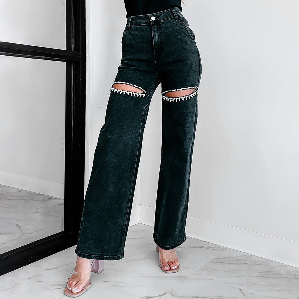 Damen Hochtaillierte Jeans mit durchbrochenem Design ModeGeist