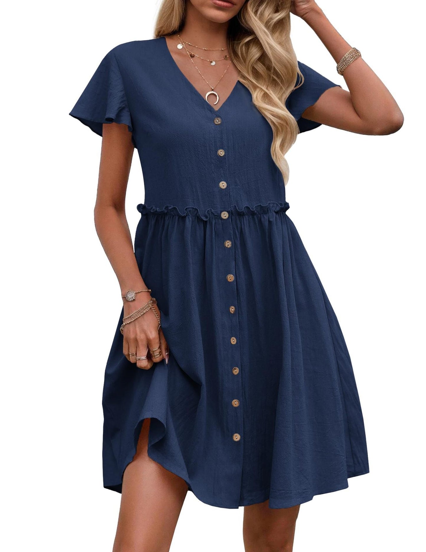 Leichtes Damen-Midi-Kleid mit Knöpfen und Volant von MODEGEIST