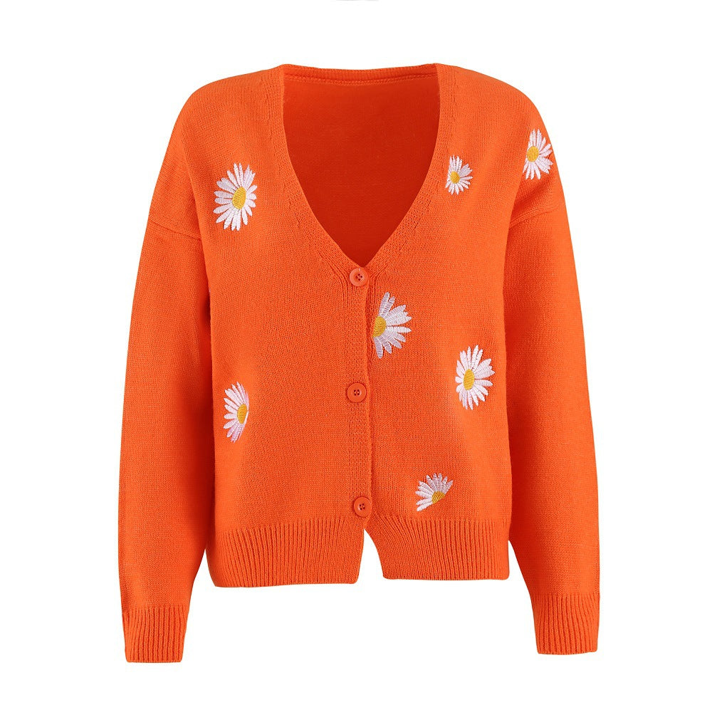 Damen Strickjacke mit Blumenstickerei und V-Ausschnitt ModeGeist