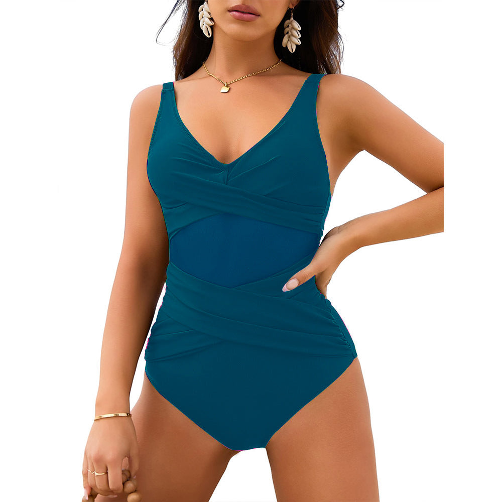 Modischer Damen-Badeanzug mit elegantem Mesh-Einsatz und Wickeldesign von MODEGEIST
