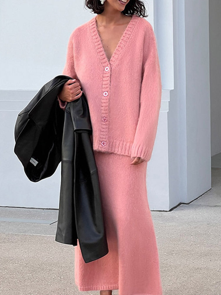 Damen kuschelige Strickjacke und Wadenlanger Rock Set ModeGeist