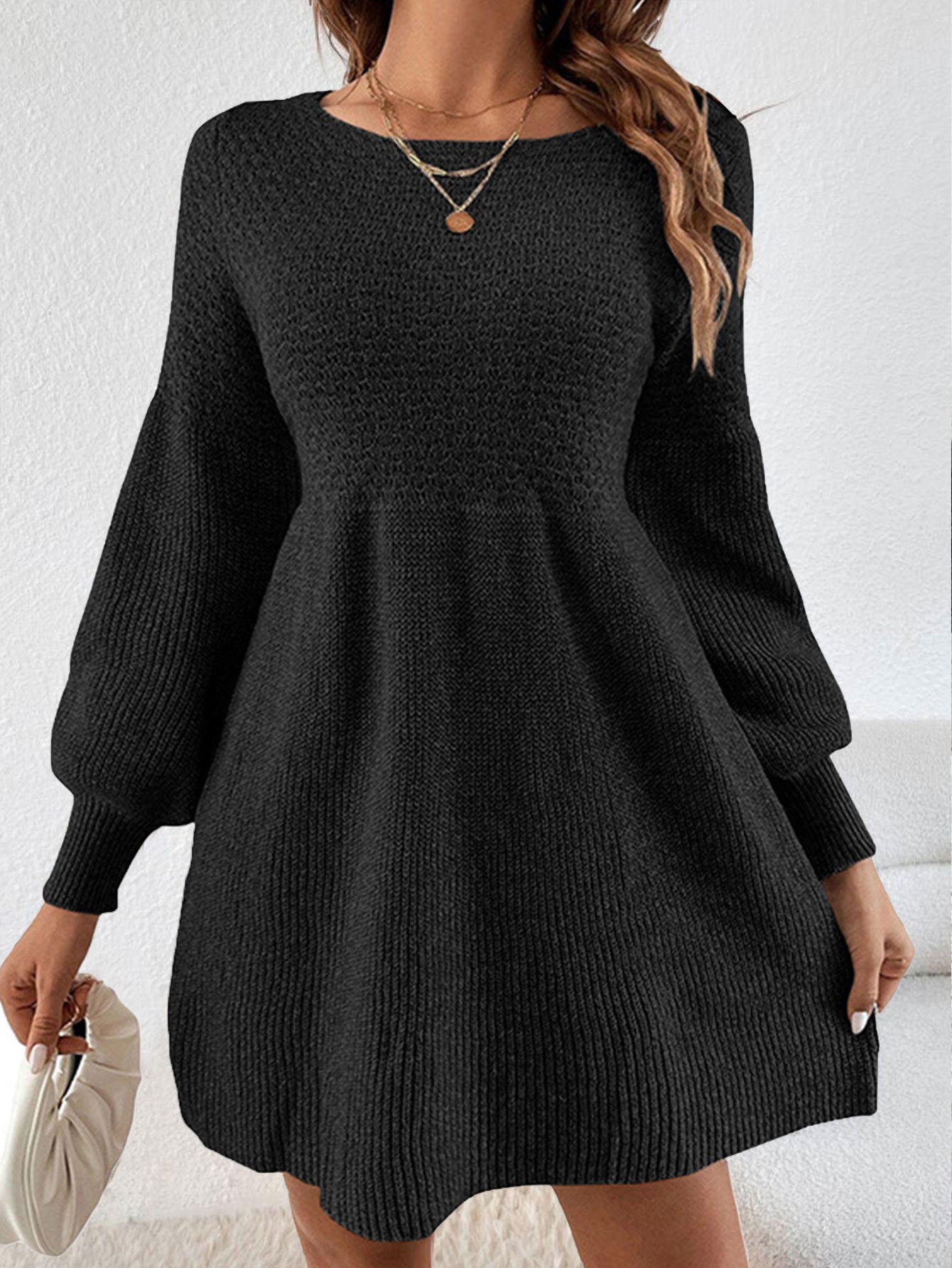 Damen gestricktes Minikleid mit Ballonärmeln ModeGeist