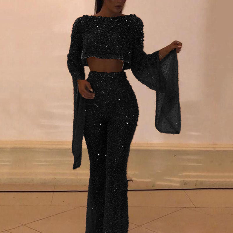 Damen Glitzerndes Zweiteiliges Set mit weitem Bein und langen Ärmeln ModeGeist