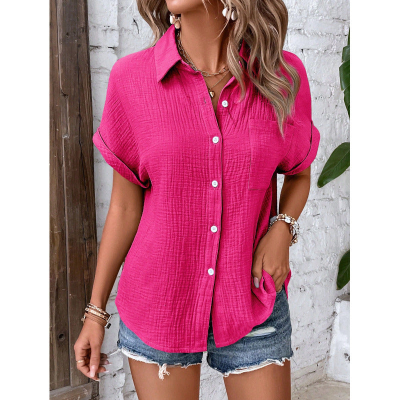 Atmungsaktive Damen-Baumwollmix Bluse mit Kurzarm und strukturierter Oberfläche - lässiger Style