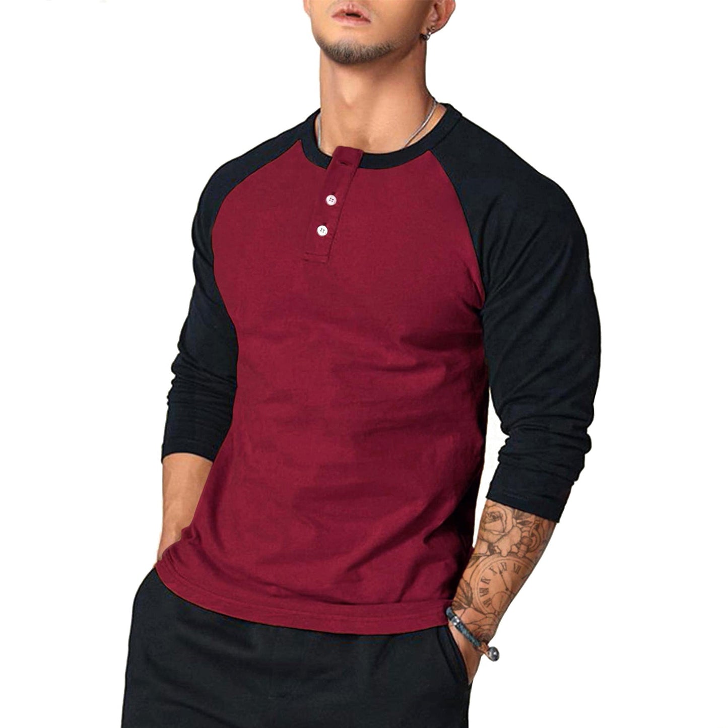 Herren Langarm-Henley-Shirt mit Kontrastärmel ModeGeist