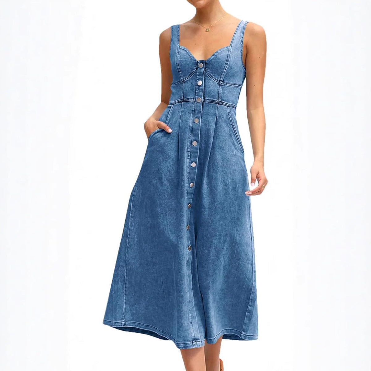 MODEGEIST Damen Jeanskleid Ärmellos Knopfleiste Klassisch