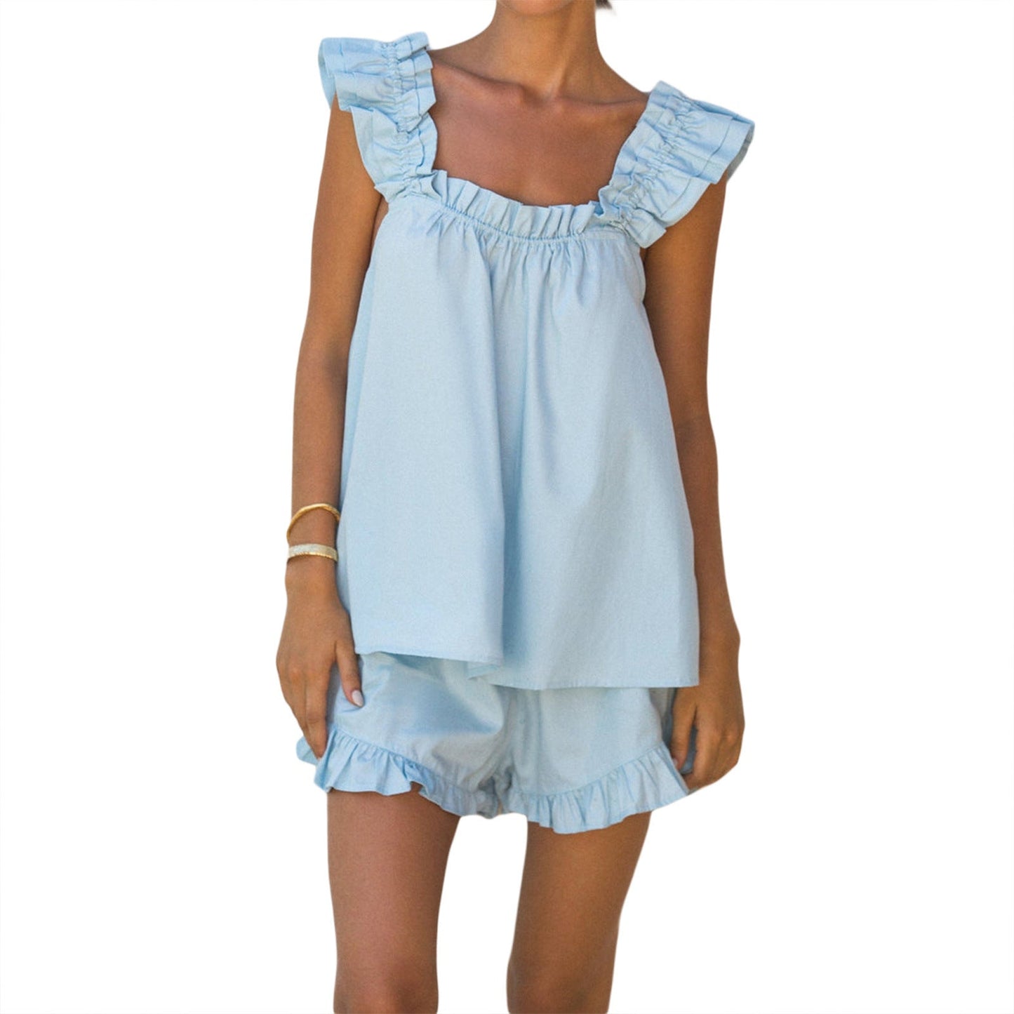 Damen luftiges Top mit Rüschendetails und lässigen Shorts ModeGeist