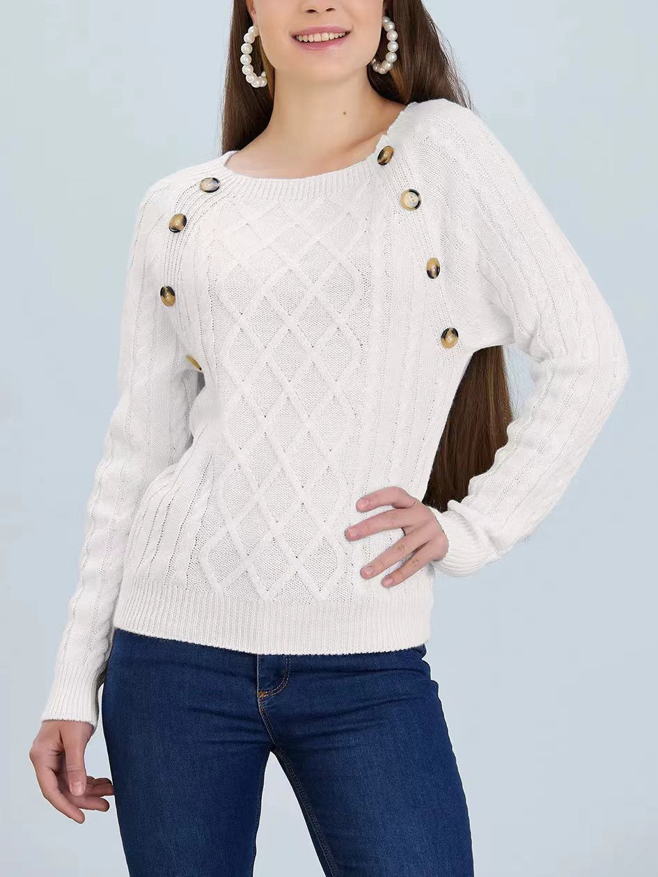 Damen Strickpullover mit klassischem Rautenmuster und dekorativen Knöpfen ModeGeist