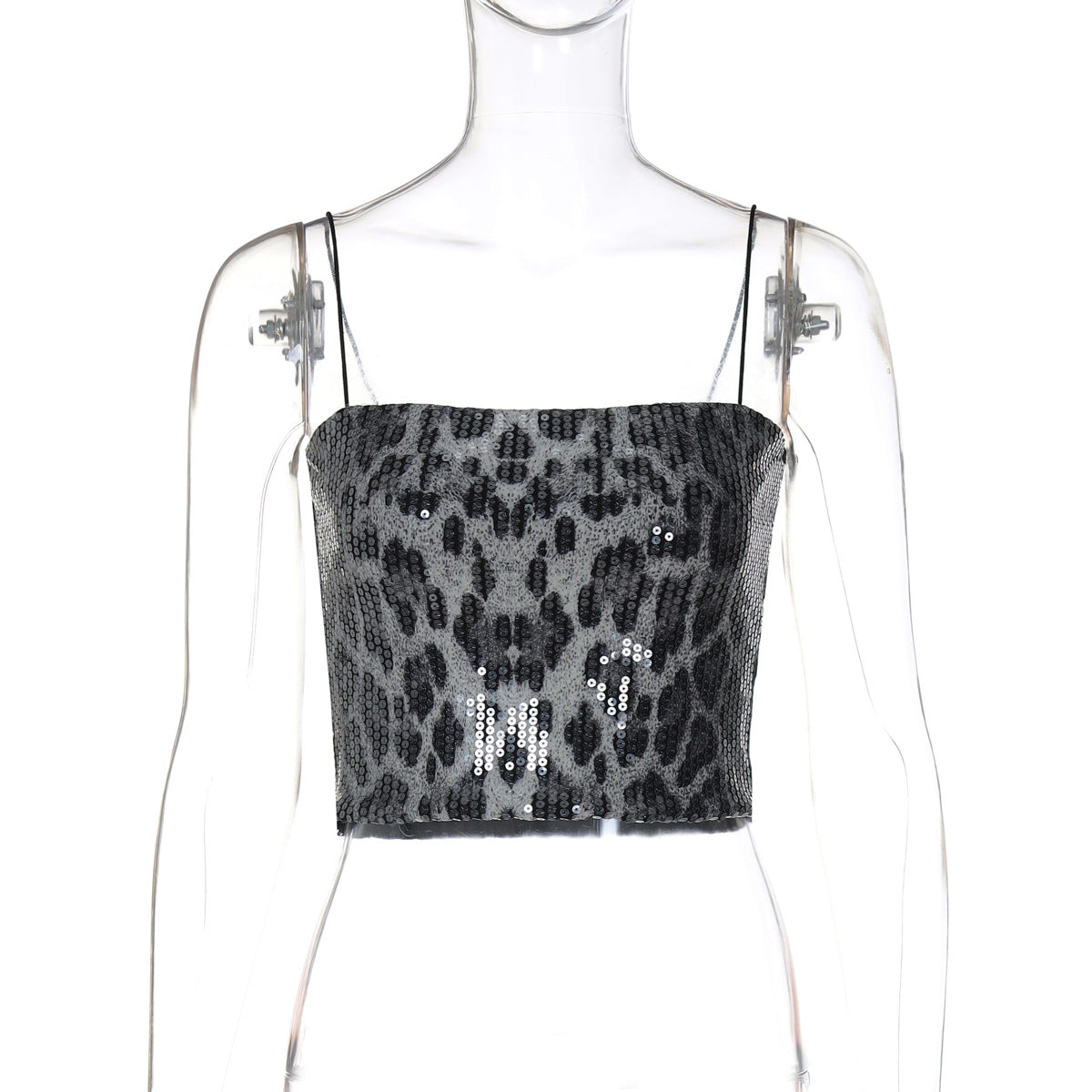 Modisches, glitzerndes Leoparden-Crop-Top mit Spaghettiträgern für Damen
