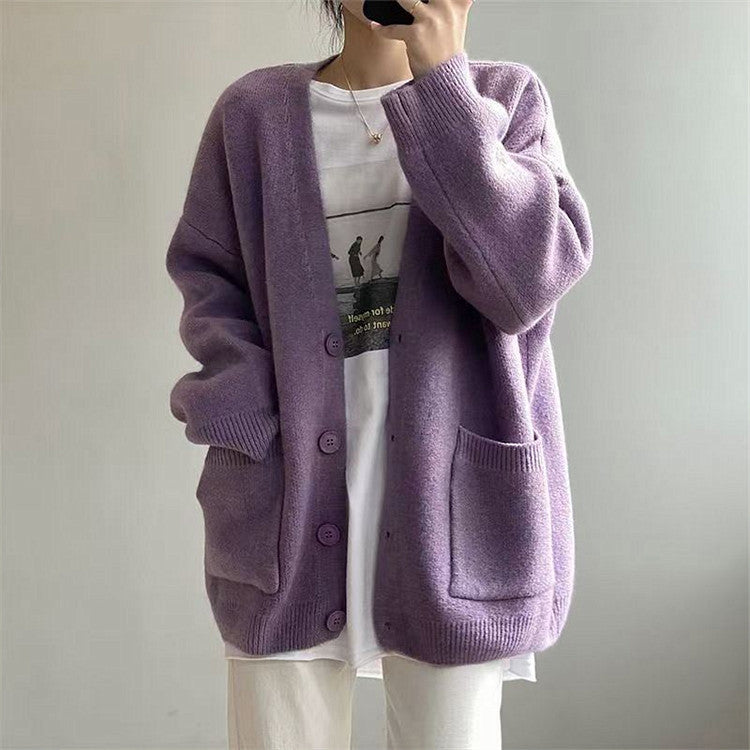 Damen Grob gestrickter Cardigan mit Taschen und V-Ausschnitt ModeGeist