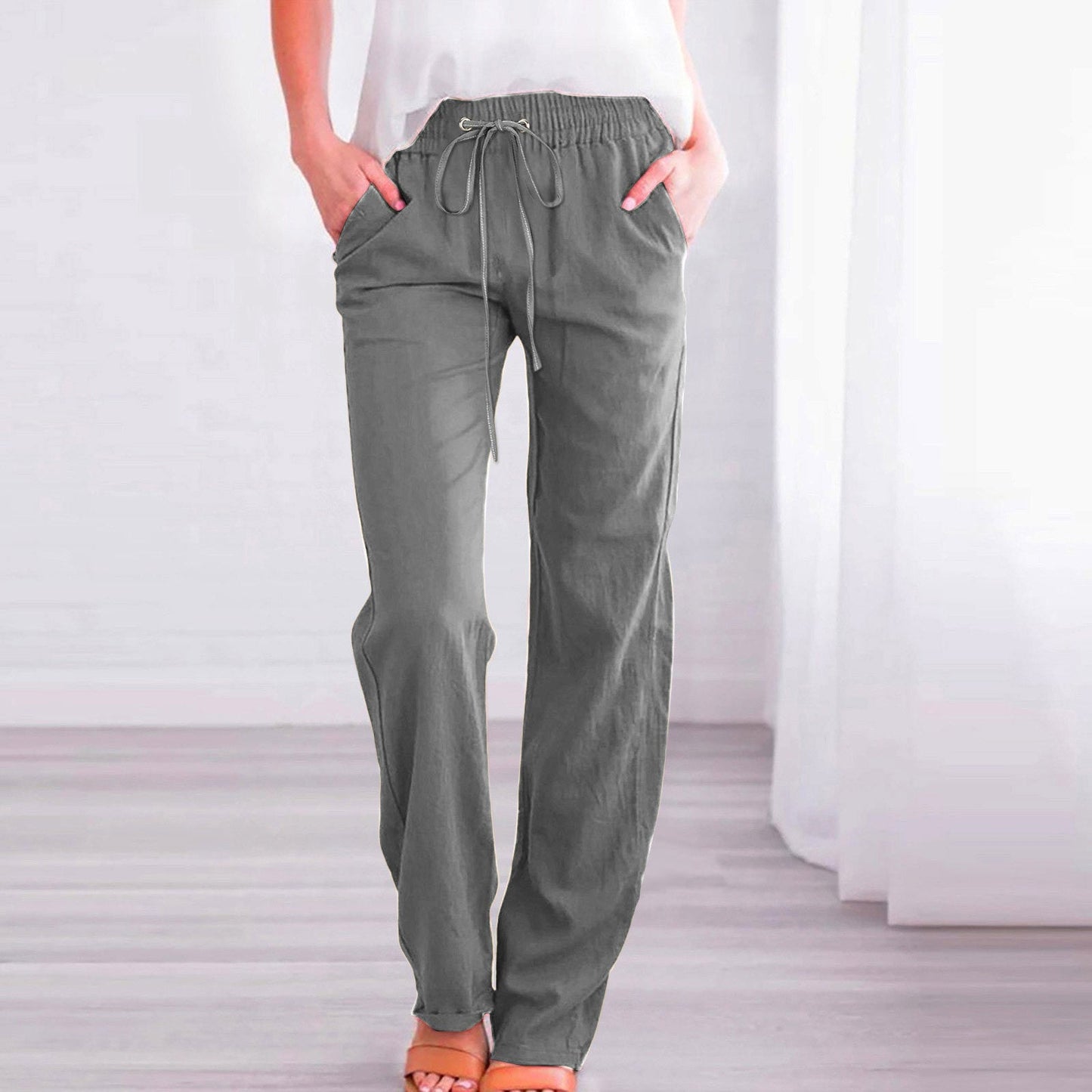 Damen Bequeme Leinen-Hose mit elastischem Bund und Taschen ModeGeist