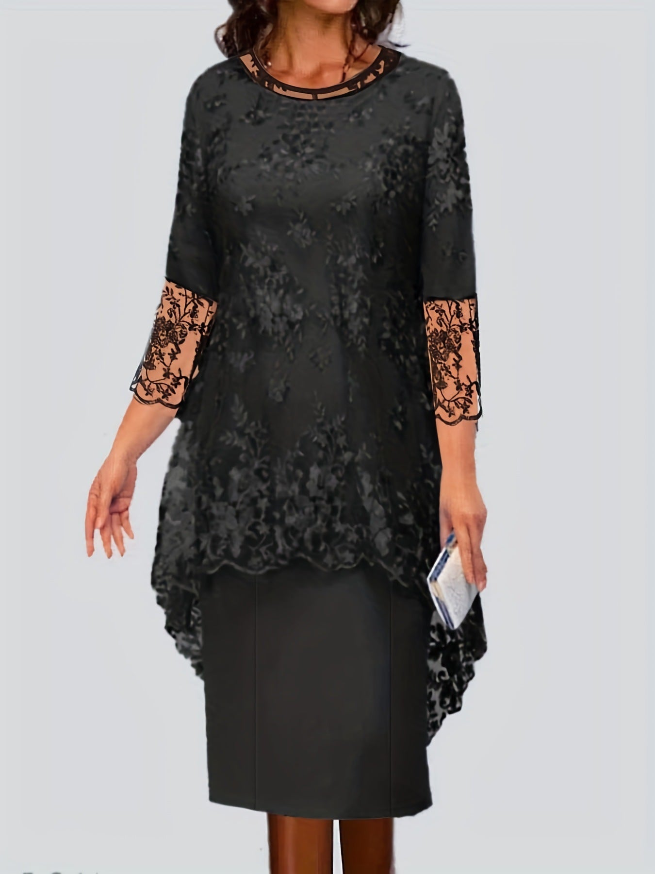 Damen Elegantes Blusen-Kleid mit floralen Spitze-Ärmeln und schwingendem Saum ModeGeist