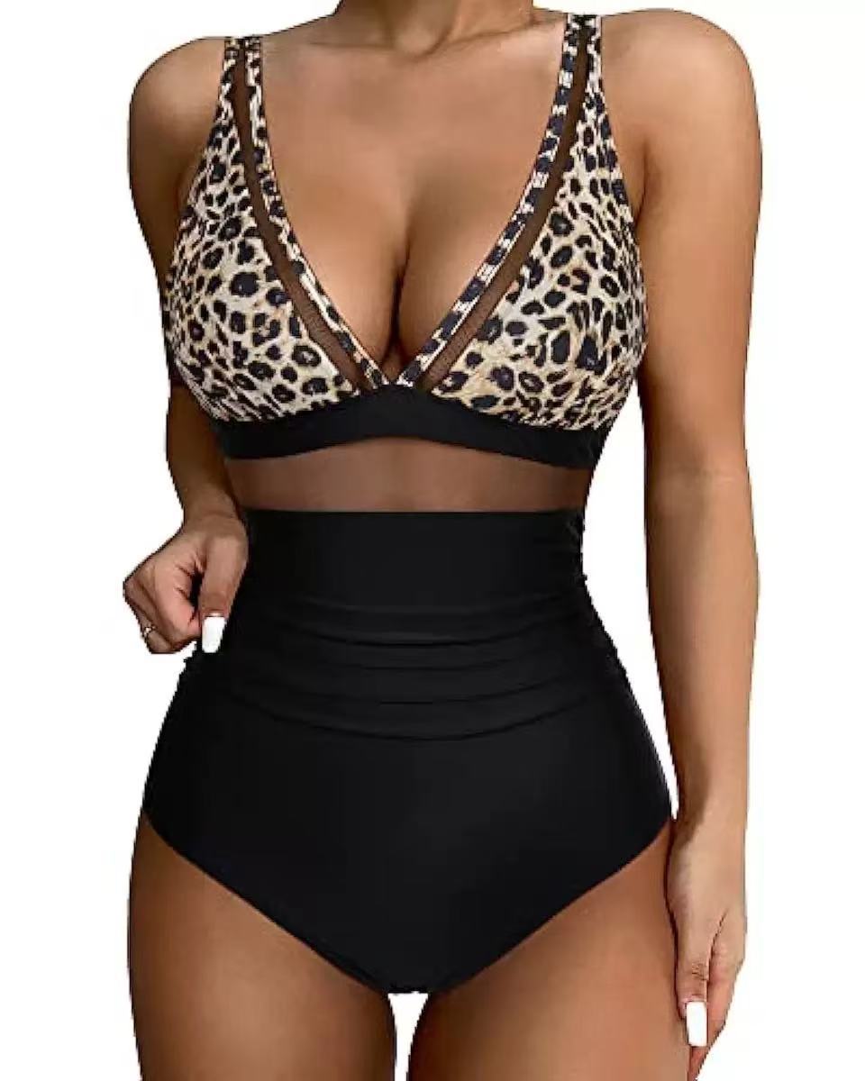 Modischer Damen-Bikini mit hohem Bund, Mesh-Einsätzen und tiefem Ausschnitt