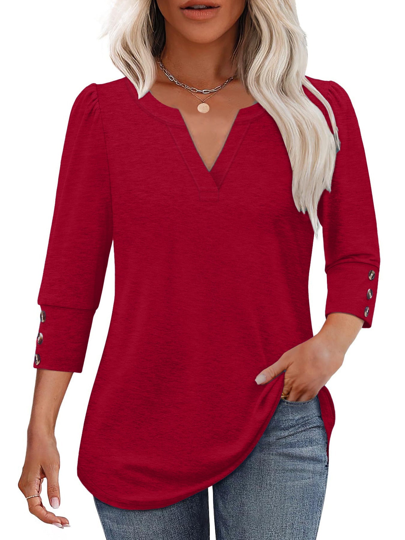 Damen V-Ausschnitt Bluse mit dekorativen Knopfdetails ModeGeist