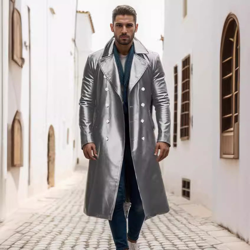 Herren hochwertiger Langmantel aus glänzendem Material mit doppelter Knopfreihe ModeGeist