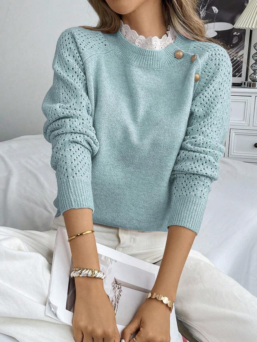 Damen Strickpullover mit dekorativen Knopfdetails und Lochmuster ModeGeist