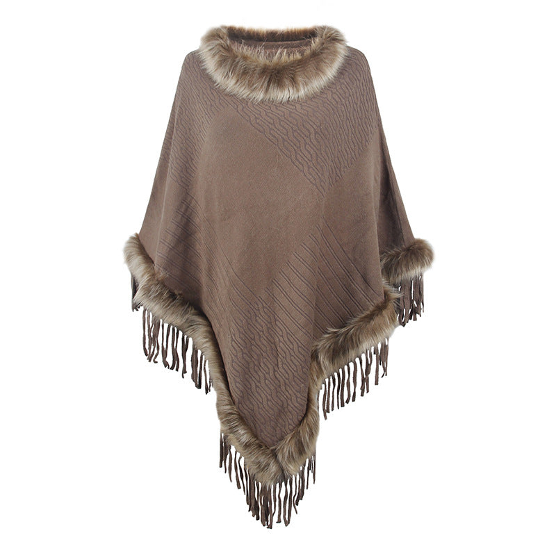 Damen eleganter Poncho mit luxuriösem Kunstfellkragen und dekadenten Fransen ModeGeist