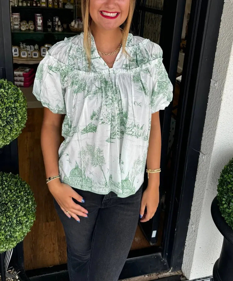 Modische Damen Vintage Baumwollbluse mit grafischem Druck