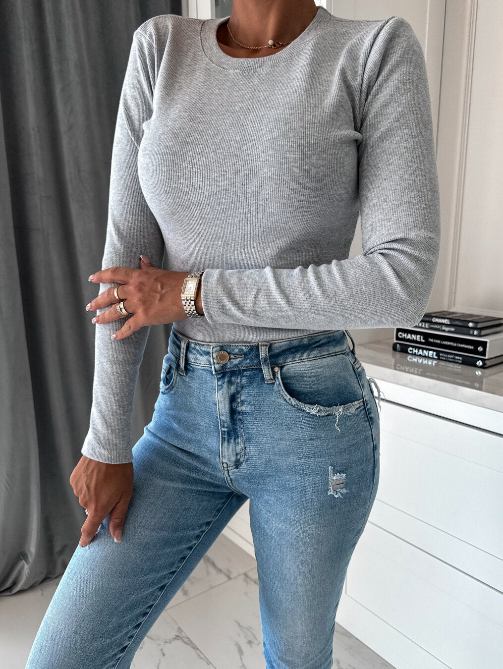 Damen Langarm-Shirt mit strukturierter Oberfläche und figurbetonter Passform ModeGeist