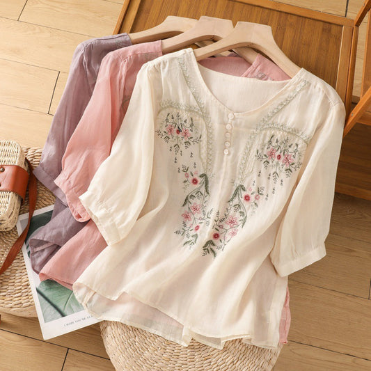 MODEGEIST Damen Bluse Blumenstickerei Entspannte Passform Leicht