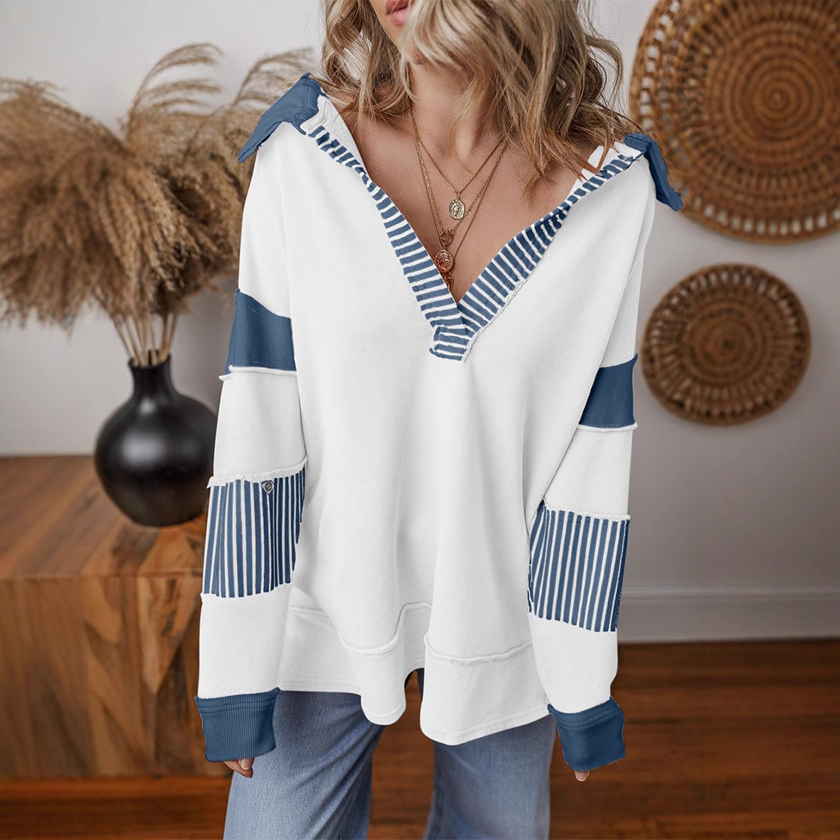 Damen lässiger Pullover mit Hemdkragen und gestreiften Ärmeln ModeGeist