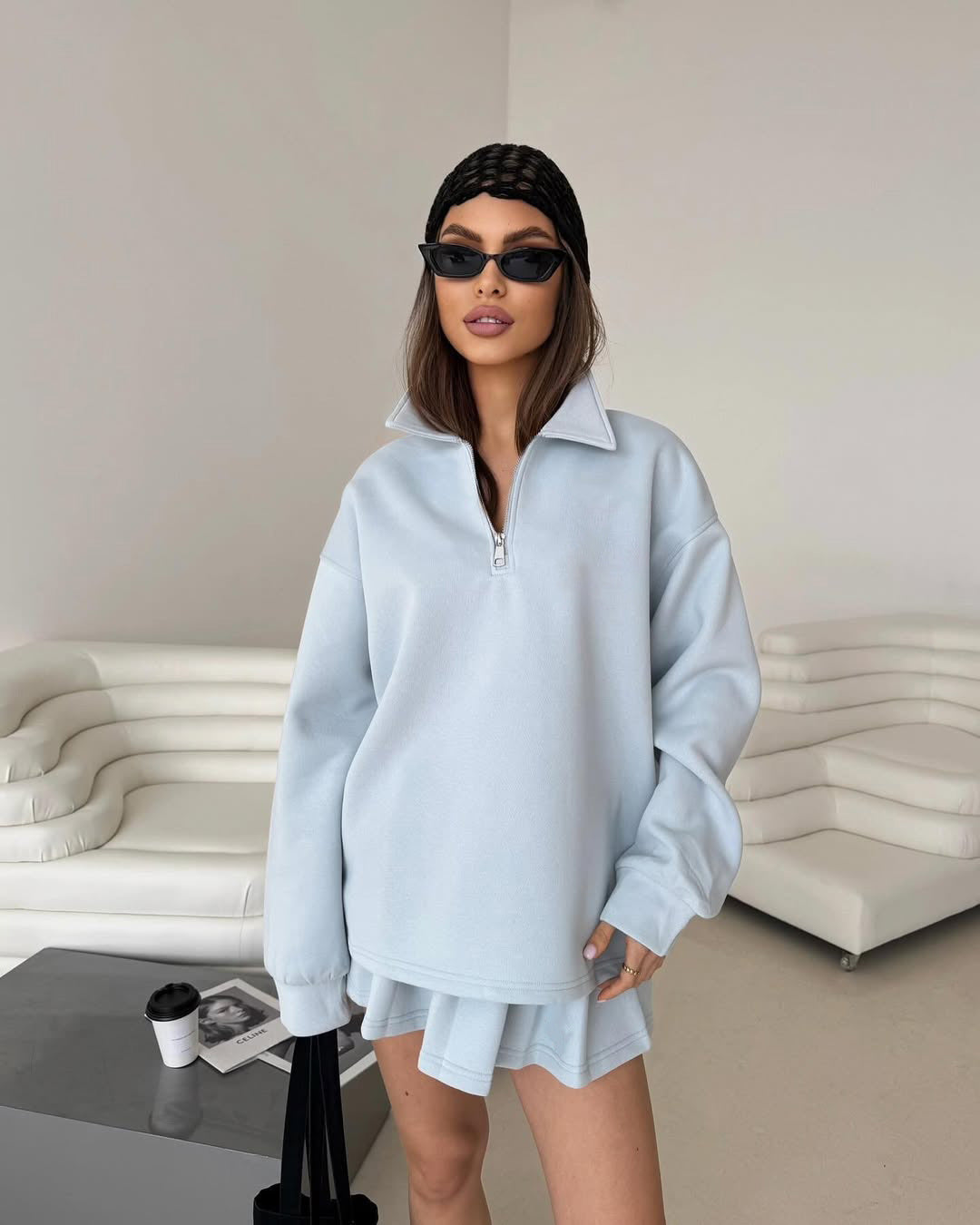 Damen sportlicher Pullover mit Kordelzug und Reißverschluss ModeGeist