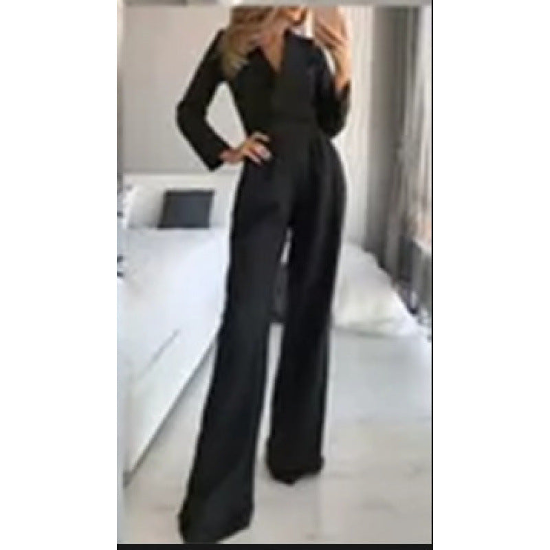 Damen eleganter Jumpsuit mit langem Bein und klassischem Schauspielkragen ModeGeist