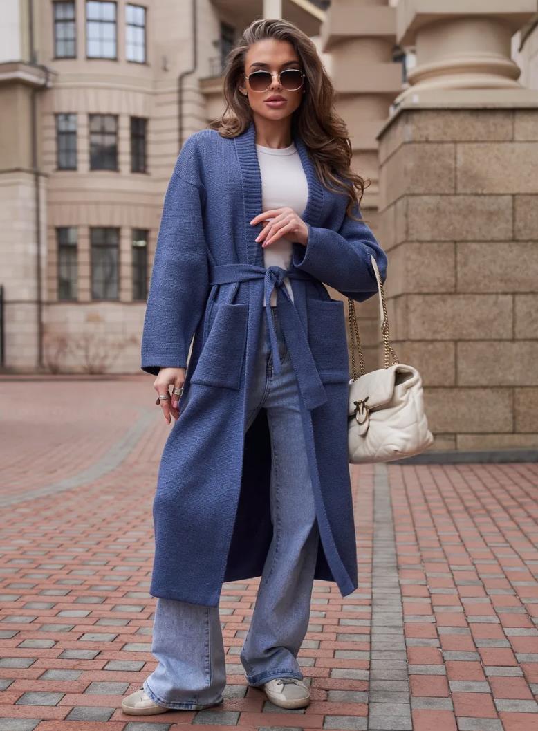 Damen Strickmantel mit Gürtel und praktischen Taschen ModeGeist