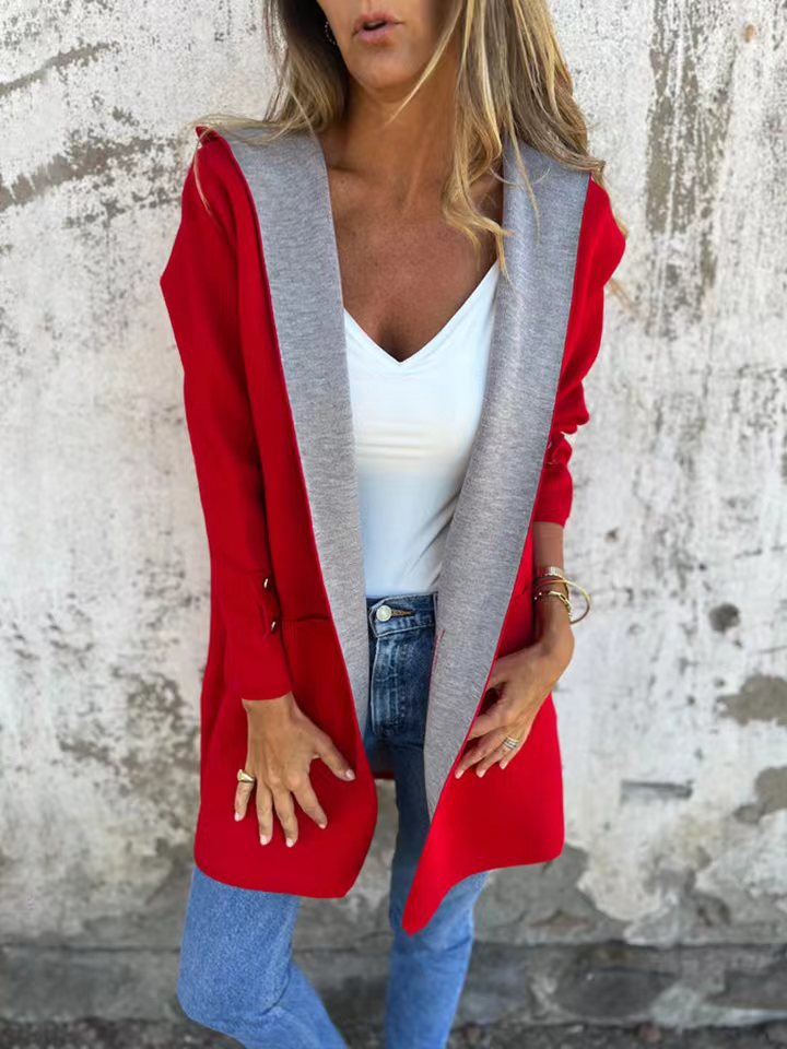 Damen modische Longjacke mit großzügiger Kapuze und praktischen Taschen ModeGeist