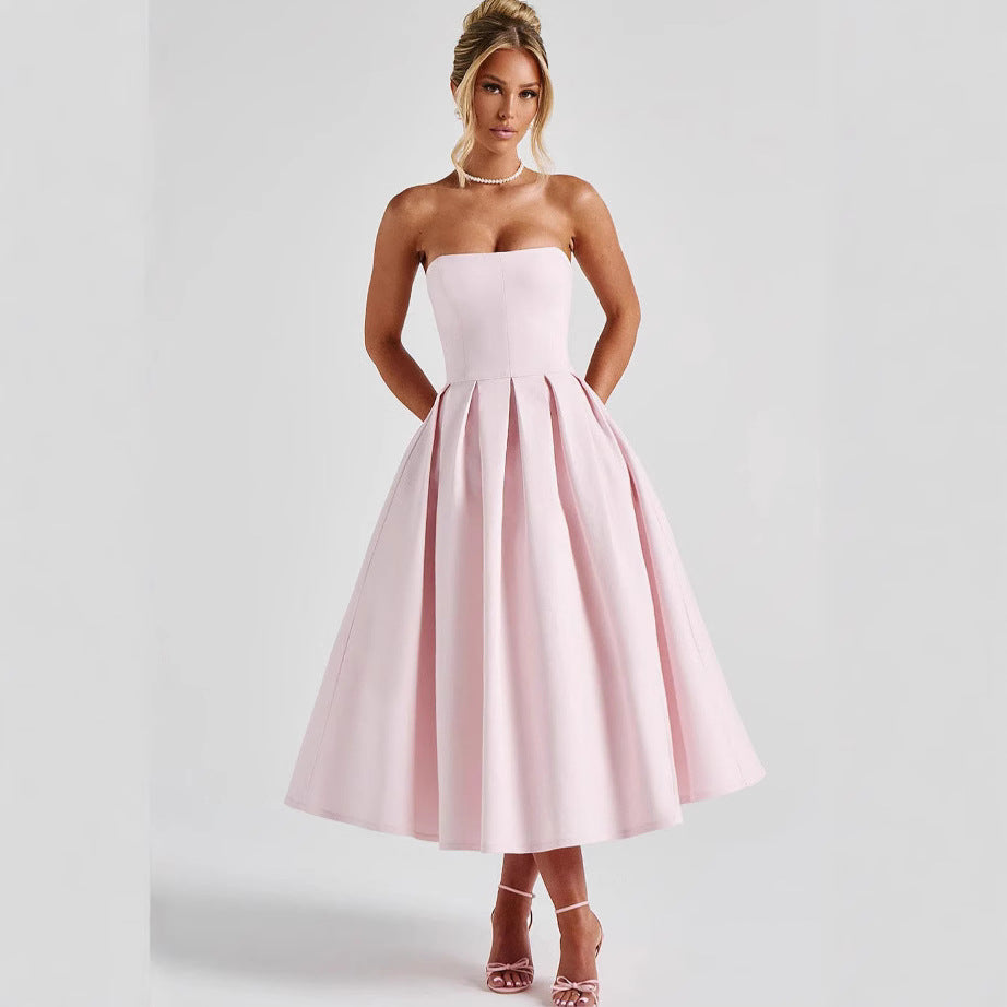 Damen Elegantes Midi-Kleid mit schwingendem Rock und raffiniertem Bandeau-Ausschnitt ModeGeist