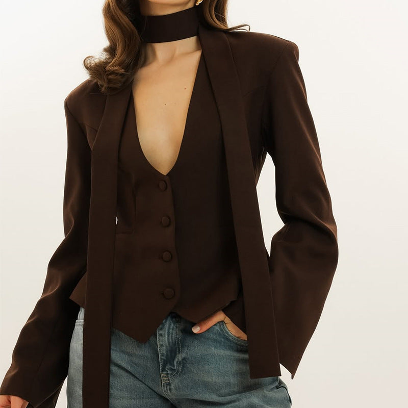 Damen taillierte Blazer-Top mit schmalem Kragen ModeGeist
