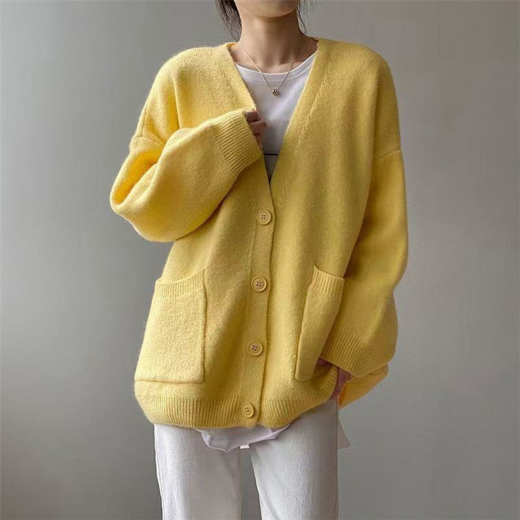 Damen Grob gestrickter Cardigan mit Taschen und V-Ausschnitt ModeGeist