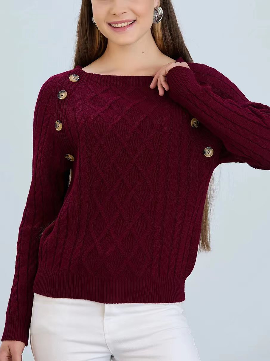 Damen Strickpullover mit klassischem Rautenmuster und dekorativen Knöpfen ModeGeist