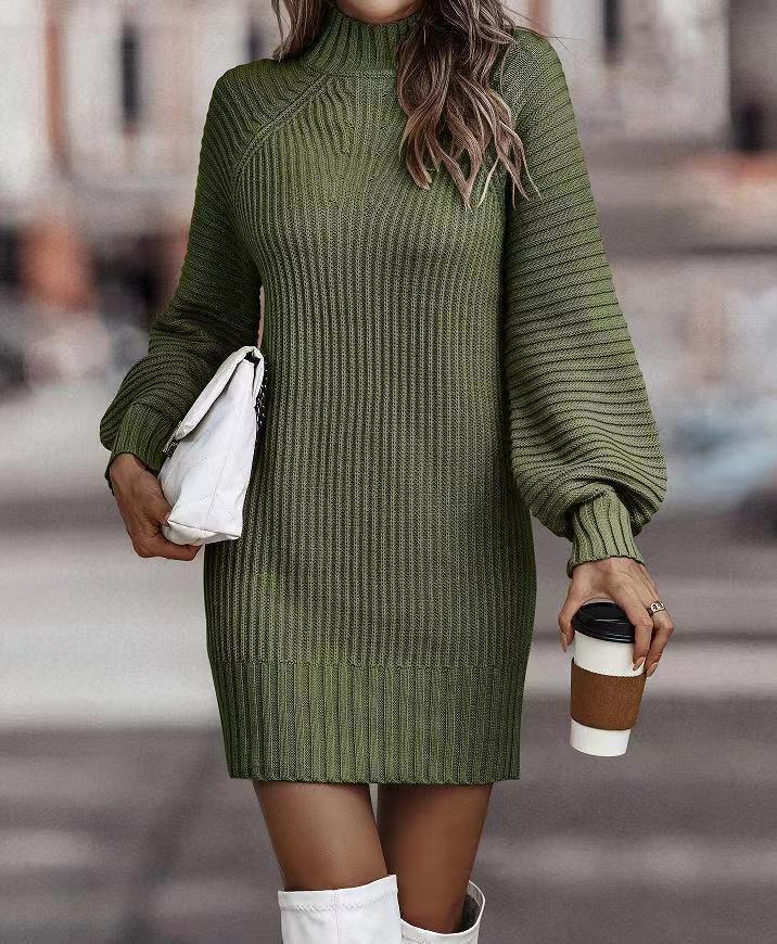 Damen Strickkleid mit weitem Rollkragen und puffärmeligen Details ModeGeist