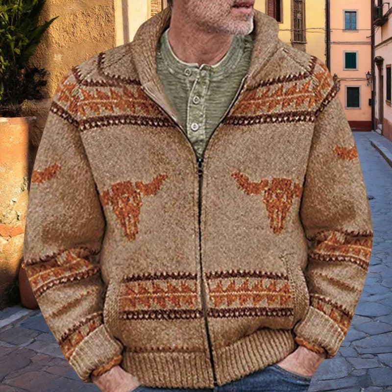 Herren Strickjacke mit einzigartigem Wildwest-Muster und warmem Futter ModeGeist