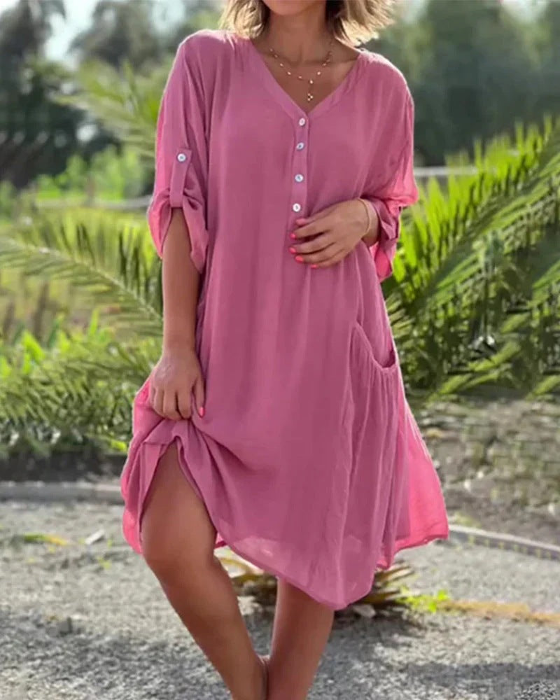 Modisches Damen-Freizeitkleid mit Knöpfen und Taschen