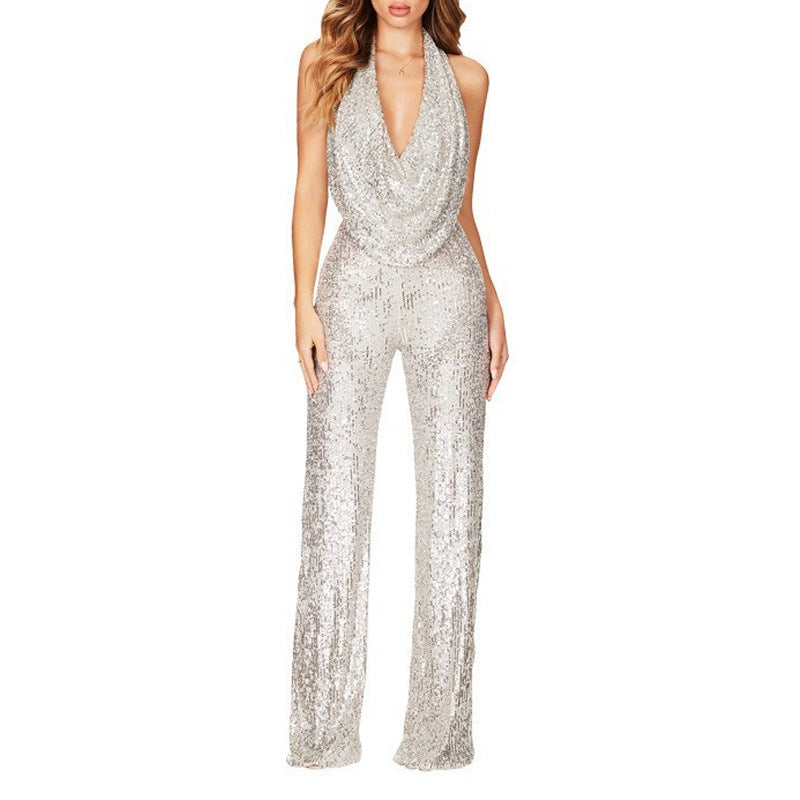 Damen Glitzerndes Jumpsuit mit tiefem V-Ausschnitt und weitem Bein ModeGeist