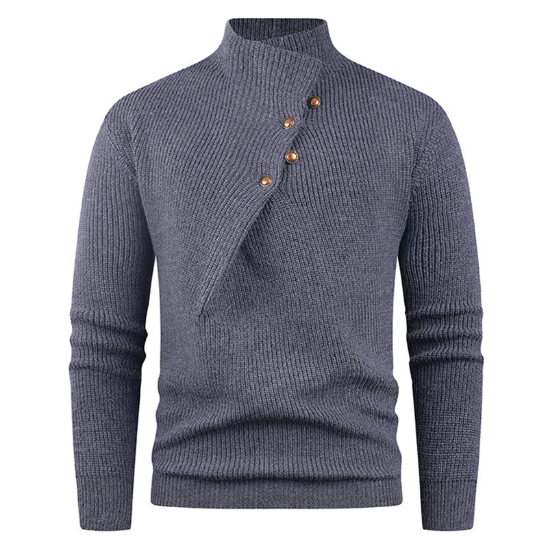 Herren Strickpullover mit asymmetrischem Kragen und dekorativen Holzknöpfen ModeGeist