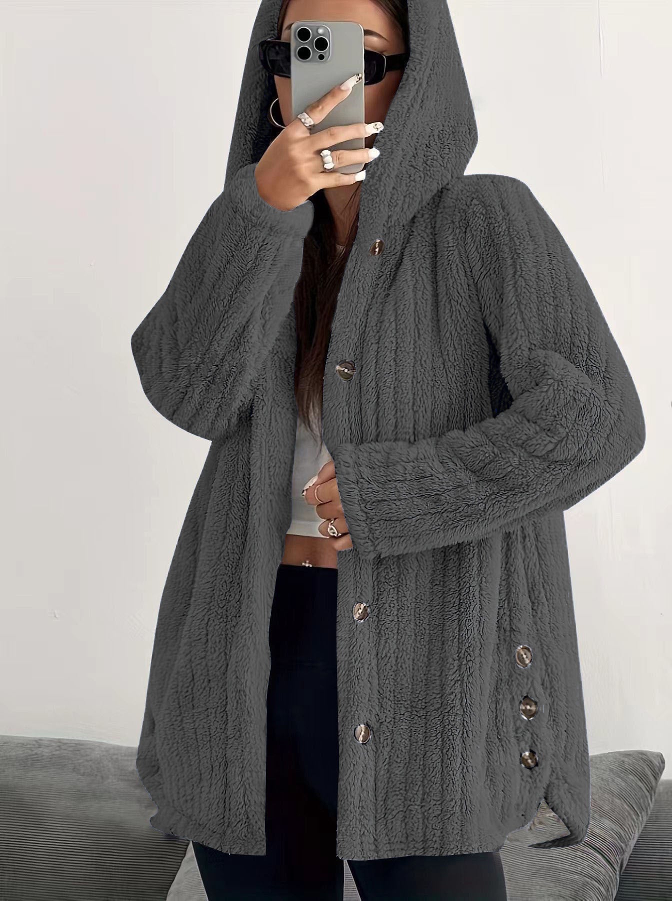 MODEGEIST Damen Kapuzen-Cardigan Lange Ärmel Vordertaschen Winter