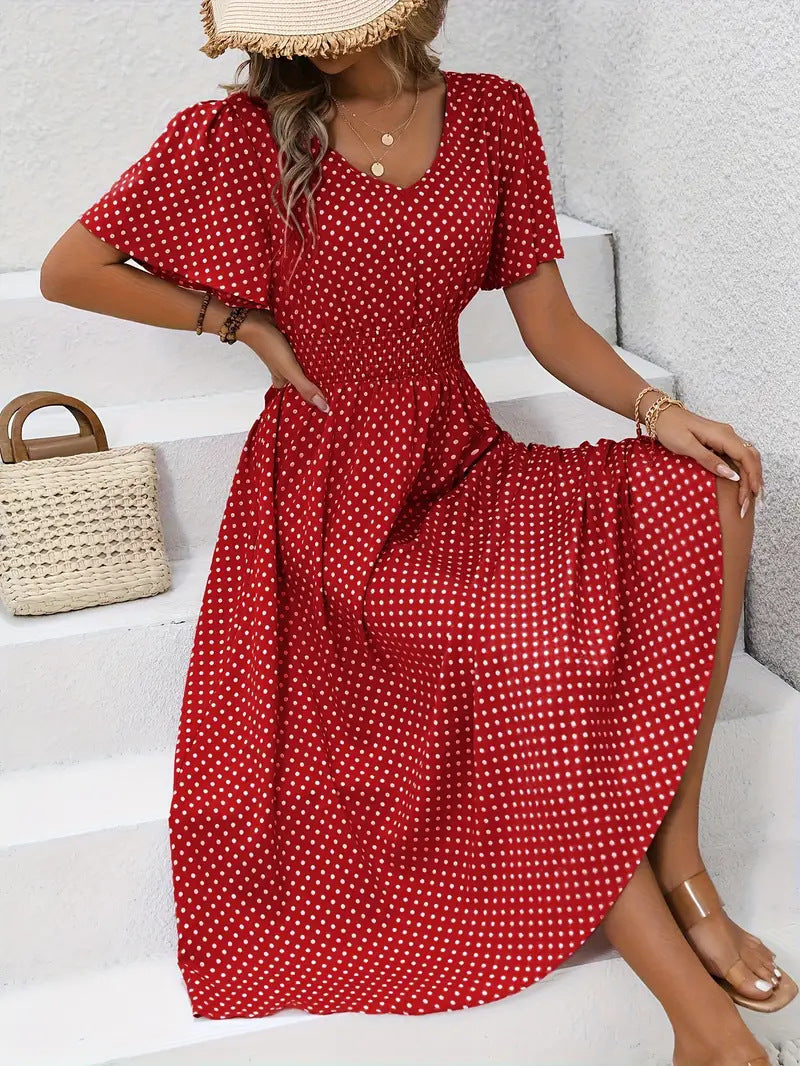Modisches Damen-Maxikleid mit weitem Rock und V-Ausschnitt
