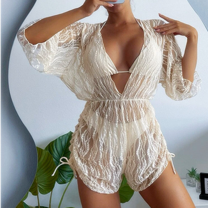 Strand-Kimono für Damen mit durchgehendem Spitzenmuster und elastischem Gürtel von MODEGEIST