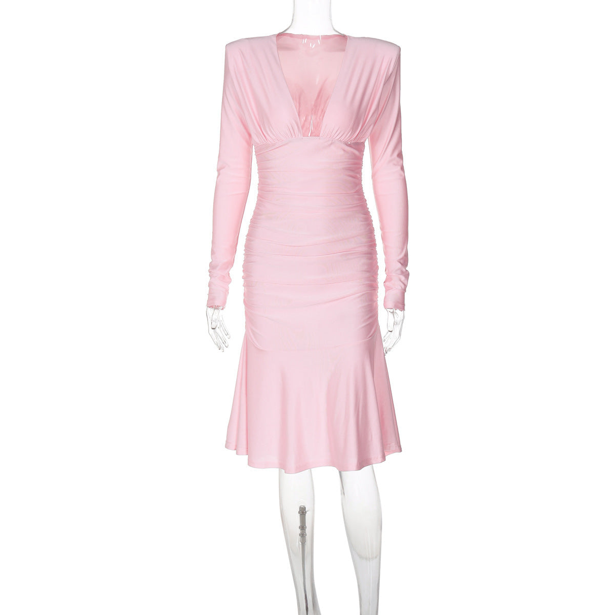 Elegantes figurbetontes Damenkleid mit tiefem V-Ausschnitt und Rüschen-Saum von MODEGEIST